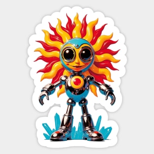 The Smiling Solar Bot Chrome and Fire A Retro-Future Robot Embodying the Fiery Power of a Cartoon Sunburst Sticker